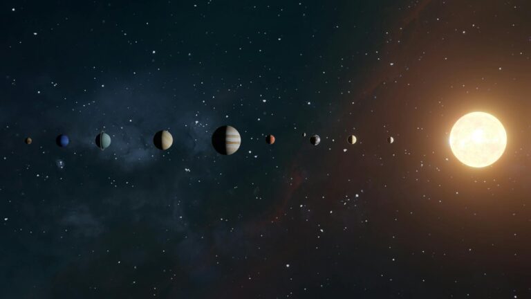 An artistic representation of the solar system showing planets orbiting the sun.