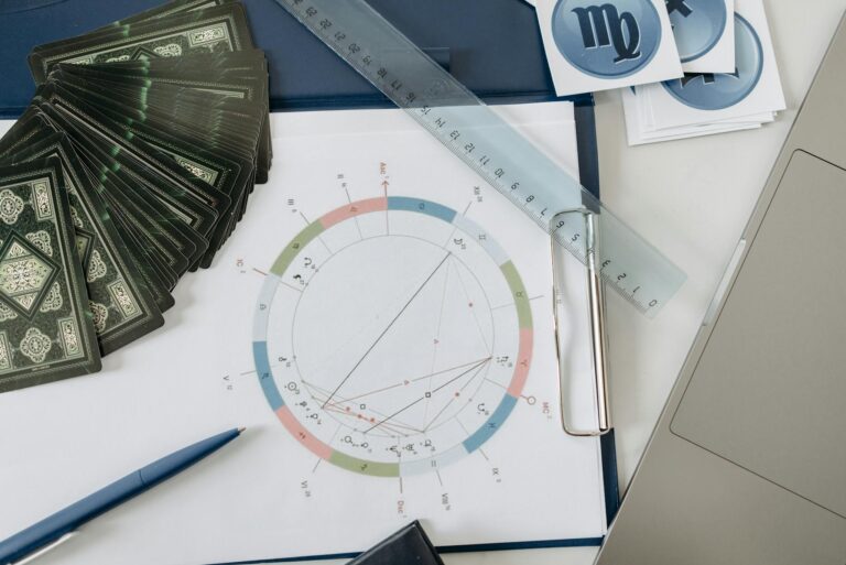 Flat lay of astrology tools, including tarot cards and a natal chart, on a desk.